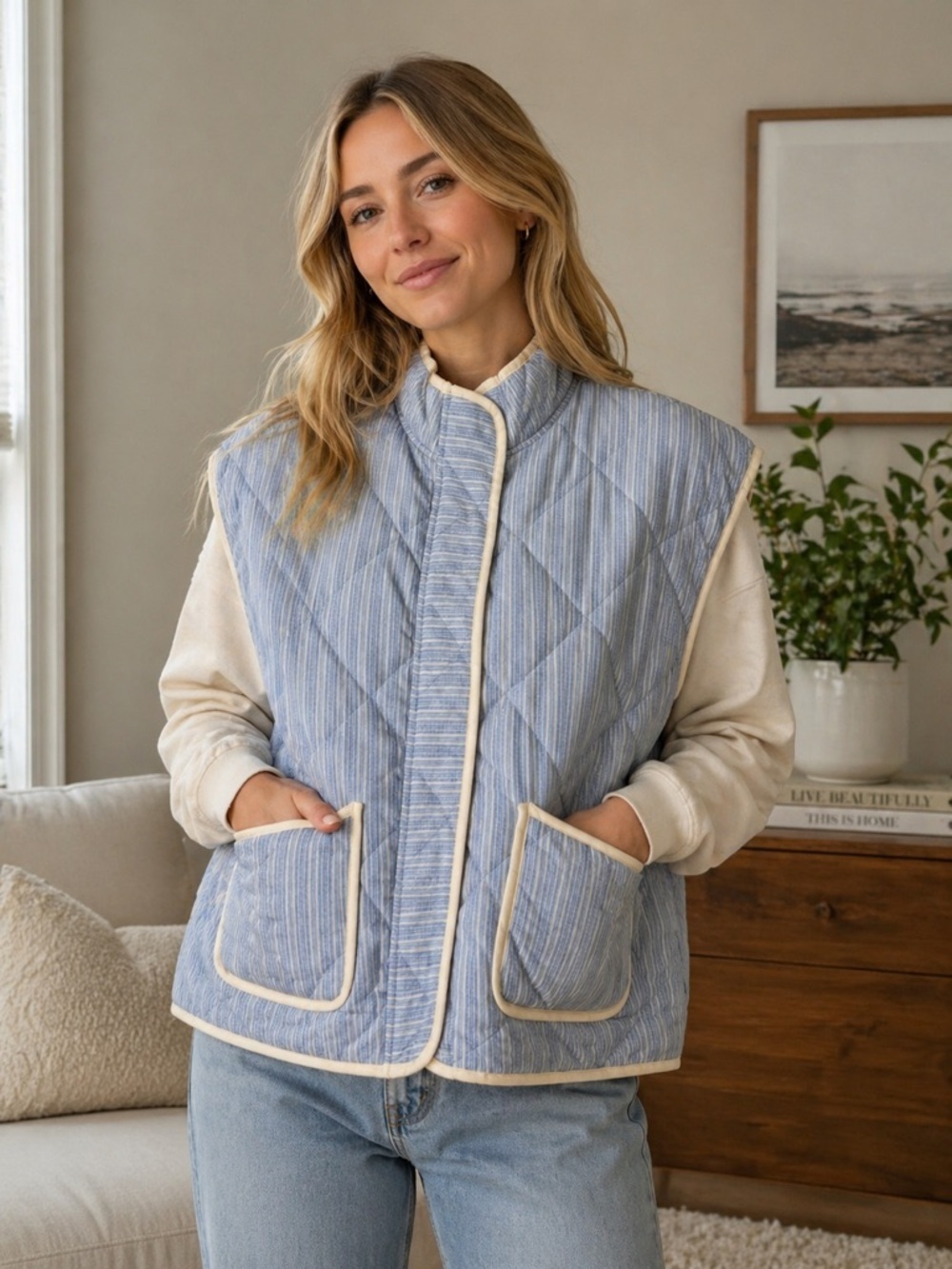 Gilli Light Blue Quilted Vest with Cream NWT size Large